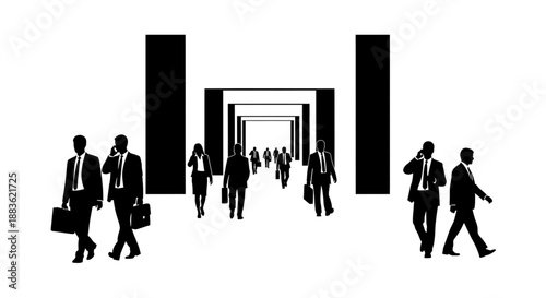 Black silhouettes of business people walking in an office building hallway with briefcases and suits silhouette