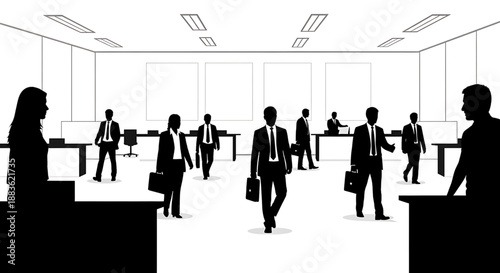 A black and white illustration of business people in a modern office space with cubicles and desks silhouette