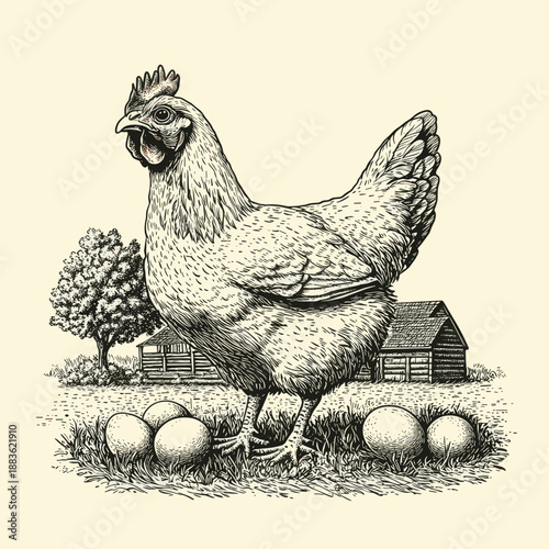 Vintage Chicken Illustration with Eggs