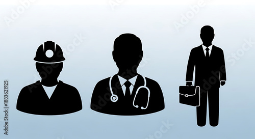 Three black silhouettes of a miner, doctor, and businessman on a gradient blue background silhouette