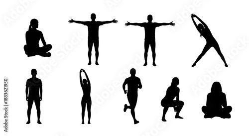 Collection of various people in different yoga poses and stretches for fitness and wellness concepts silhouette
