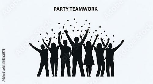 A group of people celebrating with their arms raised in teamwork and party atmosphere with confetti silhouette