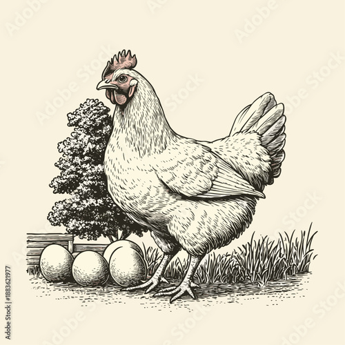 Vintage Chicken Illustration with Eggs