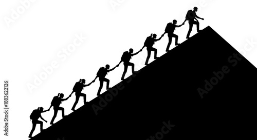 Silhouette of people helping each other to climb up a steep hill or mountain with teamwork and support silhouette