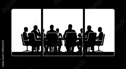Silhouette of a group of business people sitting around a conference table in a meeting room with a large window silhouette