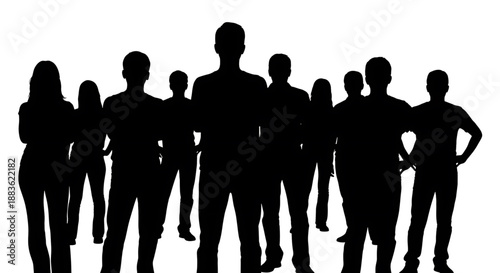 A group of people silhouettes standing together in various poses on isolated silhouette