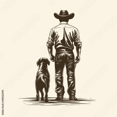 Cowboy and Dog in Serene Landscape