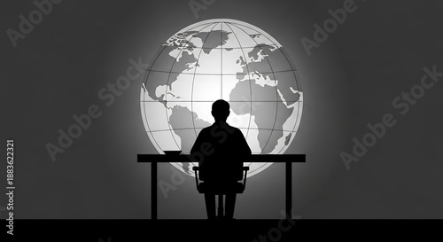 A silhouette of a man sitting at a desk in front of a glowing globe on a dark background with a cityscape silhouette