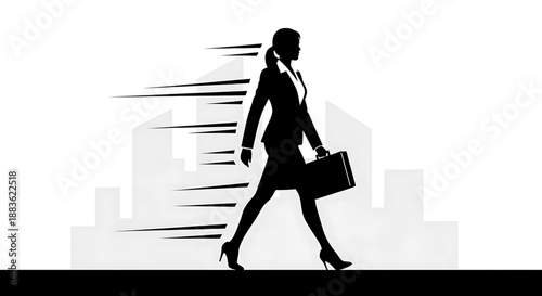 Silhouette of a businesswoman walking quickly in front of a city skyline with motion blur silhouette