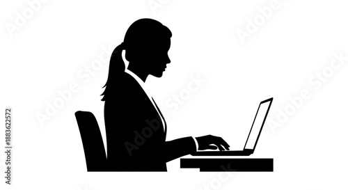 Silhouette of a businesswoman working on a laptop computer in a professional setting with a simple and modern design silhouette