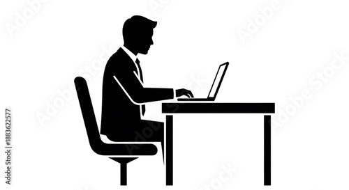 A black silhouette of a man sitting at a desk working on a laptop silhouette