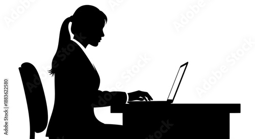 Silhouette of a woman sitting at a desk working on a laptop computer silhouette