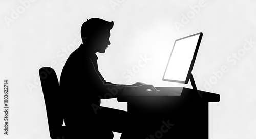 Silhouette of a man sitting at a desk working on a computer with a monitor and keyboard silhouette