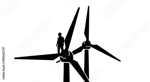 A black silhouette of a person standing on a wind turbine blade with another blade behind it on a silhouette