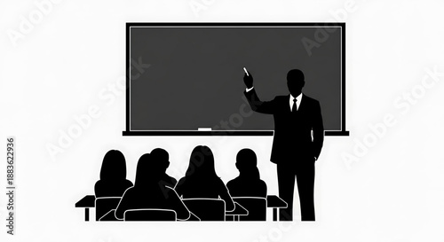 A teacher standing in front of a classroom writing on a blackboard with students sitting at desks in a vector illustration silhouette