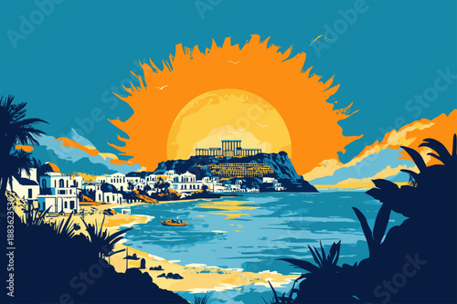 Vibrant Sunrise Over Ancient Ruins by the Sea