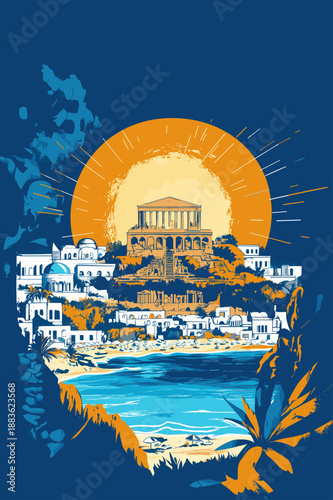 Vibrant Sunrise Over Ancient Ruins by the Sea