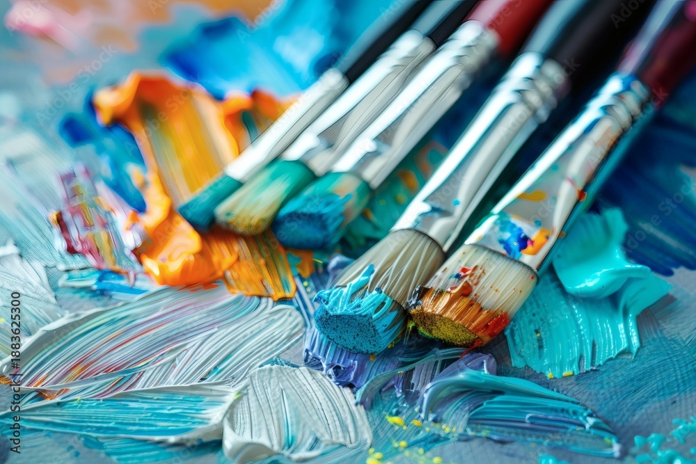 Fototapeta premium Close-up of paint brushes with colorful paint