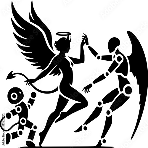 Angels and Robots, Clash of Virtues: a Angel, with wings and halo and holding robot's hand, Devil is holding hand of robot with devil tail