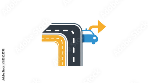 Flat design illustration of a blue car turning onto a curved road with a yellow lane merging into a dark road with white markings on a white background.