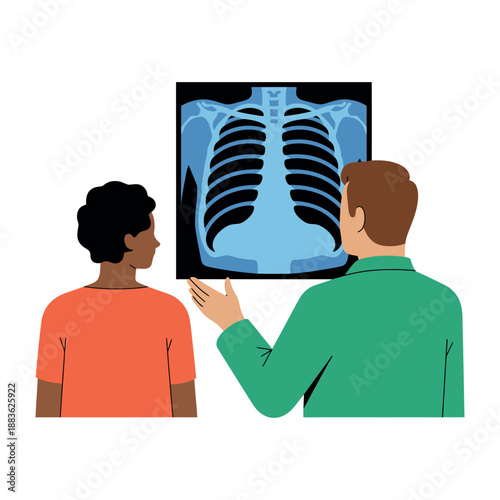 A doctor and patient examining a chest X-ray together in a medical setting.
