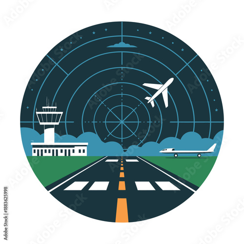 An illustration of an airport runway with a control tower and planes under a radar system at night.