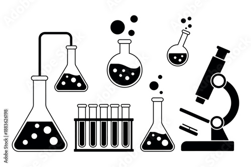 A black and white illustration of various laboratory equipment including beakers, test tubes, and a microscope on a white background.
