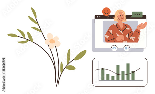 Virtual meetings, data presentation, business communication, digital growth, workplace collaboration, eco-friendly design. A woman presenting on a video call, green bar graph. Virtual meetings
