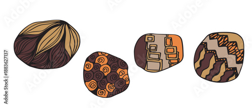 Geometric hand-drawn ethnic symbols, art icon. Aboriginal tribal rounded ornament. Afican, australian motiph. Dots painting. Vector illustration, template design for cloth, card, fabric.