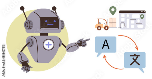 Artificial intelligence, language translation, logistics, automation, robotics, machine learning. A robot points to icons of translation and shipping processes. Artificial intelligence and language