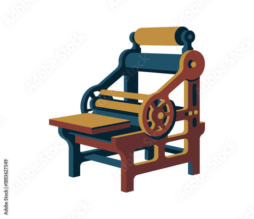 A vintage printing press machine with colorful elements stands isolated on a white background.