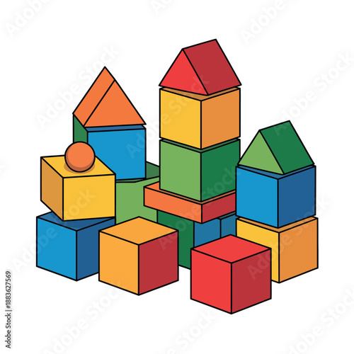A colorful stack of building blocks forms a whimsical castle-like structure against a white background.