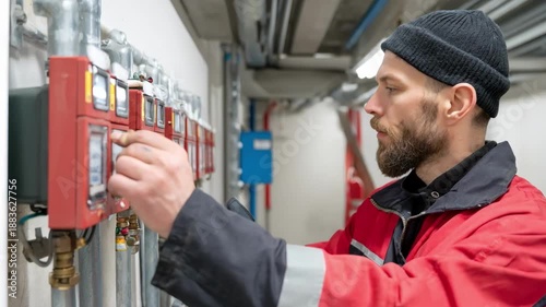 Professional performing biannual maintenance on fire alarms and sprinklers testing devices and replacing parts to guarantee operational efficiency in a commercial facility.