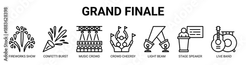 Grand Finale web banner icon vector illustration concept with icon of fireworks show, confetti burst, music crowd, crowd cheersy, light beam, stage speaker, live band.