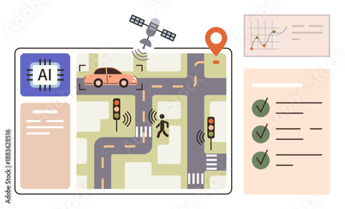 Smart cities, AI systems, traffic management, navigation, IoT applications, autonomous vehicles. Illustration of AI-powered roads with vehicles, signals and tracking. Smart cities and traffic