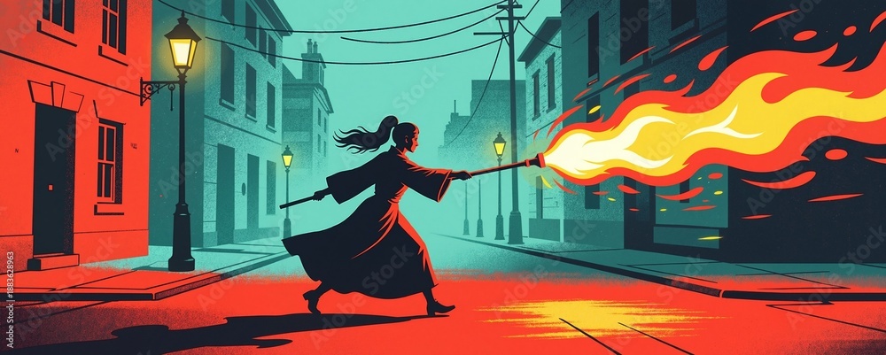 Obraz premium Woman running with fire torch on city street at night. Powerful female silhouette in dynamic action for festival parade or Mardi Gras celebration