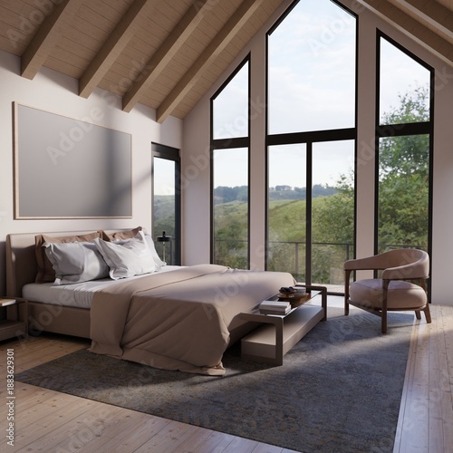 A bright modern bedroom features a high A-frame ceiling, large windows with nature views, and a blank poster frame, created using Blender software.