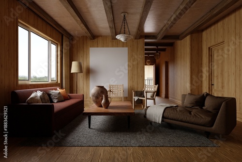 A rustic wooden living room features dark leather sofas, exposed ceiling beams, and a blank white canvas frame, created using Blender software.