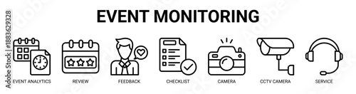 Event Monitoring web banner icon vector illustration concept with icon of event analytics, review, feedback, checklist, camera, cctv camera, and service.