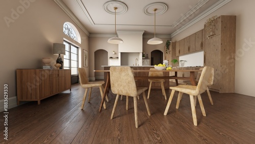A spacious bright dining room features a wooden table and chairs, arched windows, and a classic white kitchen, created using Blender software.