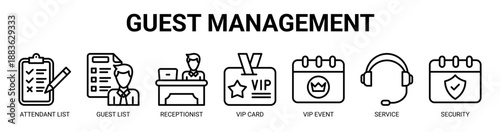 Guest Management web banner icon vector illustration concept with icon of attendant list, guest list, receptionist, vip card, vip event, service, and security.
