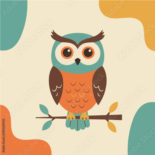 Cute owl illustration in mid-century modern style, whimsical bird character with vintage grainy texture, flat design, autumn colors.