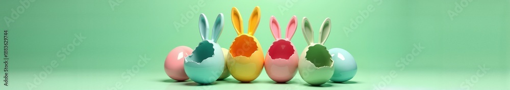 Fototapeta premium Colorful Easter eggs with bunny ears in a row. Modern pastel holiday decoration on green background. Spring celebration banner with copy space