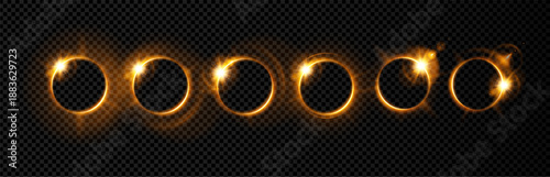 Halo ring light with gold golden sparkle and sun flare glow. Line sunlight speed with circle halo transparent and flash sky aureole. Background star halo with button angel gold and ring dust golden.
