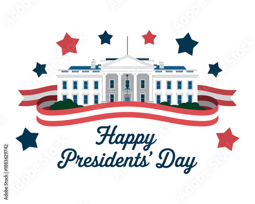 Happy Presidents' Day illustration featuring the White House and patriotic stars.