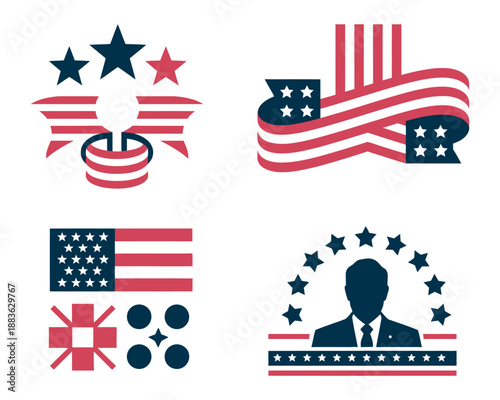 A collection of American patriotic graphic elements and symbols for design.