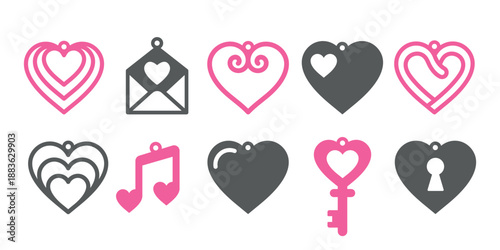 Valentine's Day designs with heart for earrings, pendant or keychain. Jewelry cutting template with symbols of love. Laser cut with leather, wood or metal. Beautiful hanging bijouterie for wedding