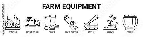 Farm Equipment web banner icon vector illustration concept with icon of tractor, pickup truck, boots, hand gloves, sawing, shovel, and barrel.