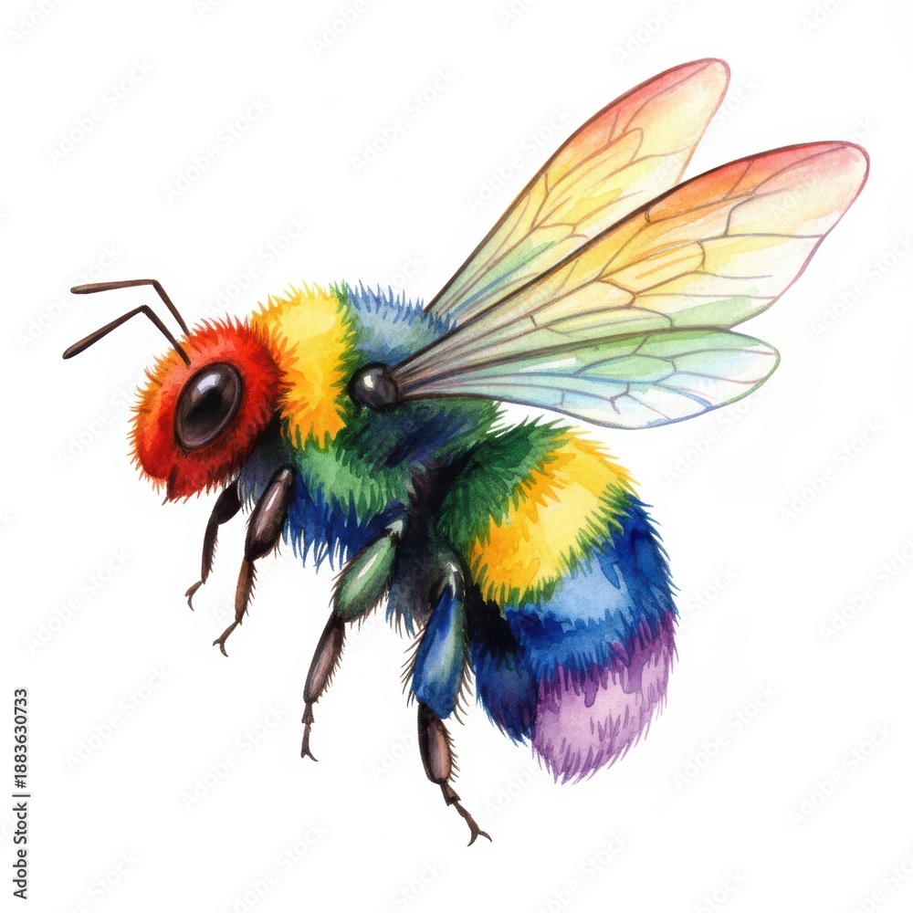 Obraz premium Detailed watercolor painting of a colorful fuzzy bee with rainbow stripes flying on a white background.