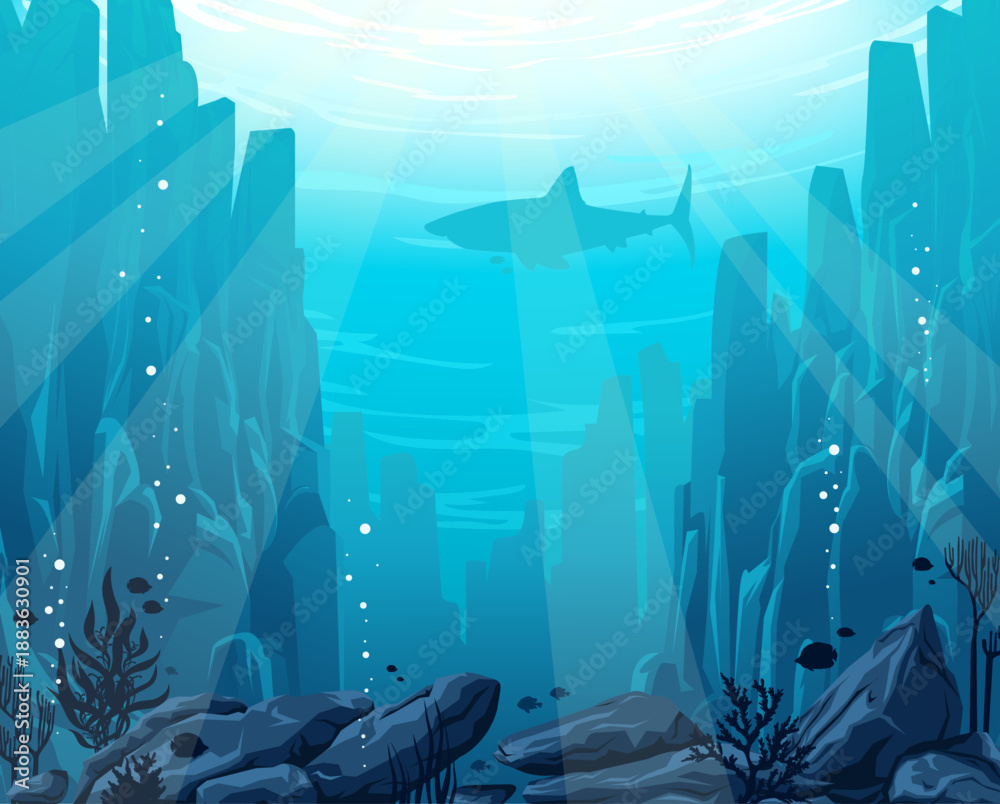 Naklejka premium Underwater seascape with coral reef, fish, underwater mountains and silhouette of shark. Vector nature illustration about ocean life.